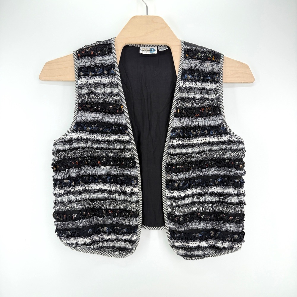Paul Harris Design Vest Womens L Black Ruffle Boho Cottagecore Mixed Media PHD